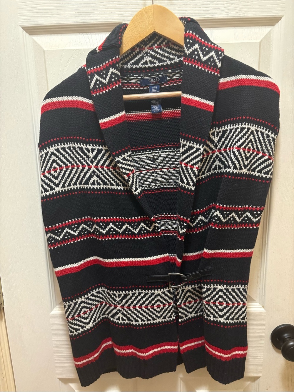 Chaps Denim Shawl Collar Fair Isle Cardigan Sweater Navy Red Large Toggle